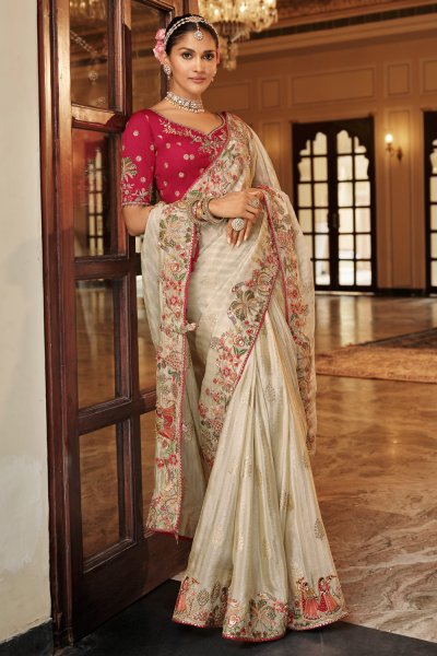 Ivory Silk Zari Woven & Embroidered Saree