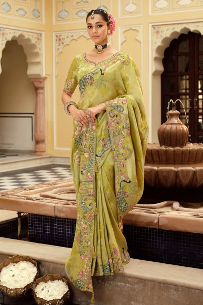 Kiwi Green Silk Zari Woven & Embroidered Saree