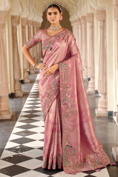 Blush Pink Silk Zari Woven & Embroidered Saree