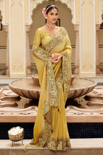 Yellow Silk Zari Woven & Embroidered Saree