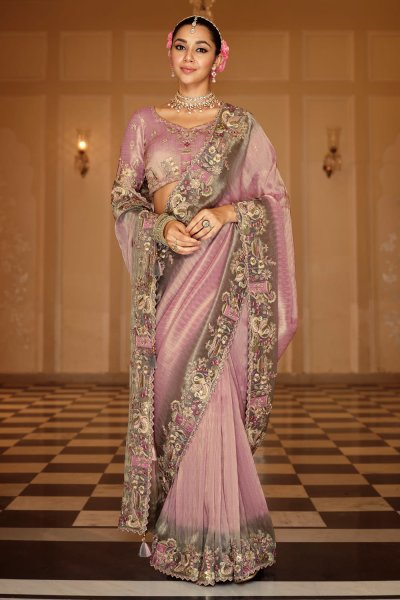 Mauve Silk Zari Woven & Embroidered Saree