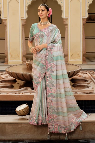 Pastel Pink, Grey, & Aqua Silk Zari Woven & Embroidered Saree