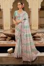 Pastel Pink, Grey, & Aqua Silk Zari Woven & Embroidered Saree