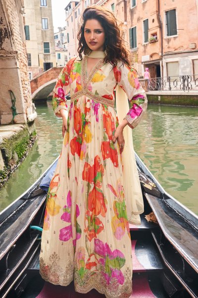 Ivory & Multicolor Chinon Silk Printed & Embroidered Anarkali Dress With Dupatta