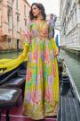 Lemon Green & Multicolor Chinon Silk Printed & Embroidered Anarkali Dress With Dupatta