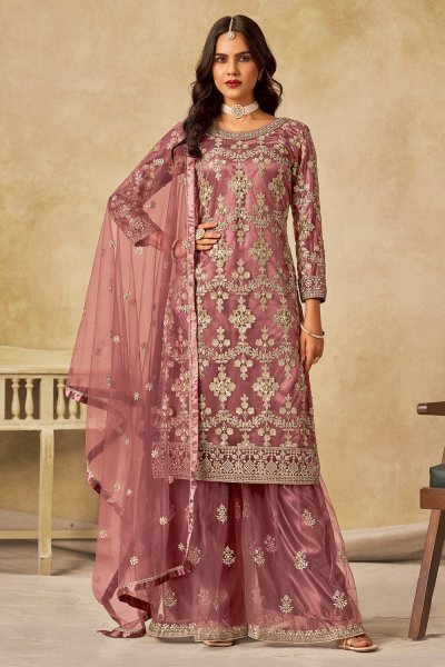Rosewood Pink Net Embroidered Sharara Kurta Set