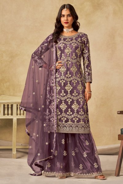 Plum Net Embroidered Sharara Kurta Set