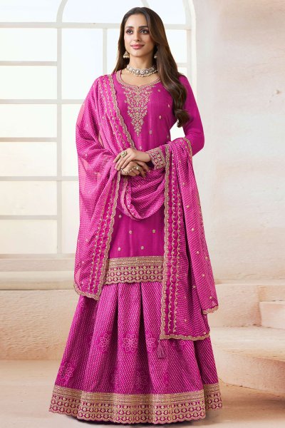 Hot Pink Silk Embroidered & Printed Long Kurti Lehenga Set