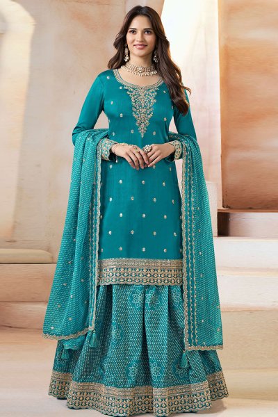 Teal Blue Silk Embroidered & Printed Long Kurti Lehenga Set