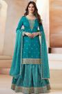 Teal Blue Silk Embroidered & Printed Long Kurti Lehenga Set