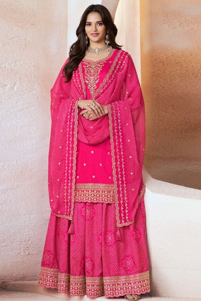 Barbie Pink Silk Embroidered & Printed Long Kurti Lehenga Set