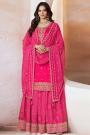 Barbie Pink Silk Embroidered & Printed Long Kurti Lehenga Set
