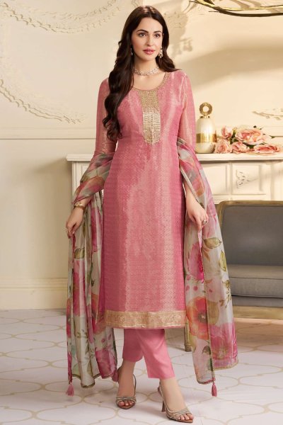 Blush Pink Kanchipuram Silk Woven & Hand Embroidered Kurta Set