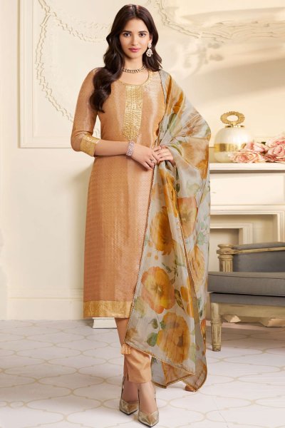 Amber Gold Kanchipuram Silk Woven & Hand Embroidered Kurta Set