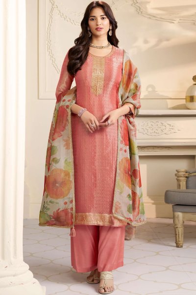 Coral Kanchipuram Silk Woven & Hand Embroidered Kurta Set