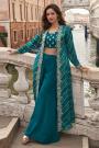 Prussian Blue Chinon Silk Hand Embroidered Indowestern Top & Palazzo Set With Jacket