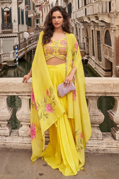 Yellow Chinon Silk Hand Embroidered Indowestern Top & Dhoti Skirt Set With Cape