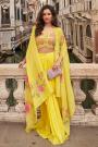 Yellow Chinon Silk Hand Embroidered Indowestern Top & Dhoti Skirt Set With Cape