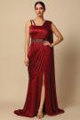 Pre Draped Crimson Red Indo Western Silk Front Slit Hand Worked Saree With Belt