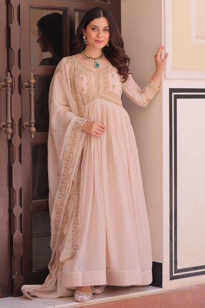 Beige Peach Georgette Embroidered Anarkali Dress With Dupatta Beige Peach Georgette Embroidered Anarkali Dress With Dupatta