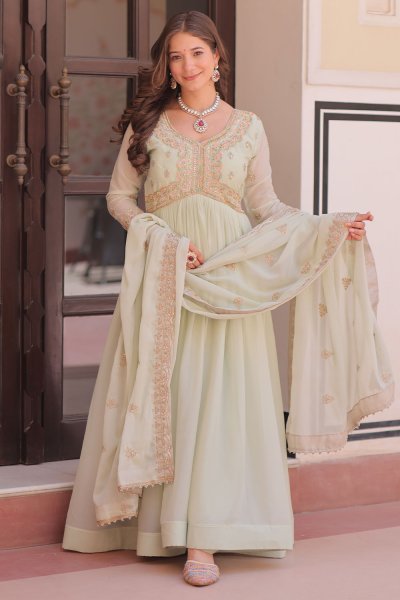 Pale Soft Green Georgette Embroidered Anarkali Dress With Dupatta Pale Soft Green Georgette Embroidered Anarkali Dress With Dupatta