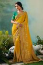 Dark Yellow Zari Woven Silk Saree With Teal Green Embroidered Blouse