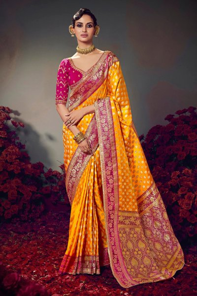 Bright Yellow Satin Silk Zari Woven Saree Bright Yellow Satin Silk Zari Woven Saree
