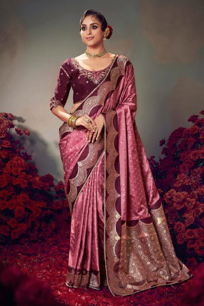 Pink & Wine Satin Silk Zari Woven Saree Pink & Wine Satin Silk Zari Woven Saree
