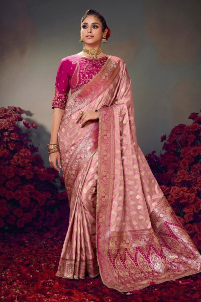 Blush Pink Satin Silk Zari Woven Saree Blush Pink Satin Silk Zari Woven Saree