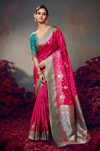 Fuchsia Pink Satin Silk Zari Woven Saree Fuchsia Pink Satin Silk Zari Woven Saree