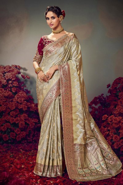 Ivory Satin Silk Zari Woven Saree Ivory Satin Silk Zari Woven Saree