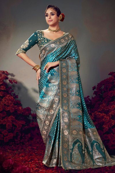 Blue Satin Silk Zari Woven Saree Blue Satin Silk Zari Woven Saree
