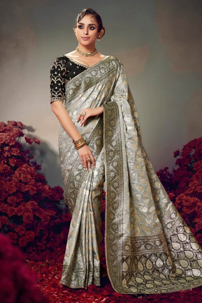 Silver Grey Satin Silk Zari Woven Saree Silver Grey Satin Silk Zari Woven Saree