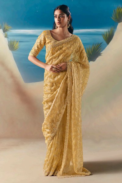 Light Mustard Hand Embroidered Luxurious Tissue Silk Fabric Saree Light Mustard Hand Embroidered Luxurious Tissue Silk Fabric Saree
