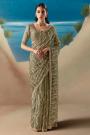 Olive Green Hand Embroidered Luxurious Tissue Silk Fabric Saree