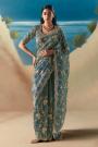 Peacock Blue Green Hand Embroidered Luxurious Tissue Silk Fabric Saree