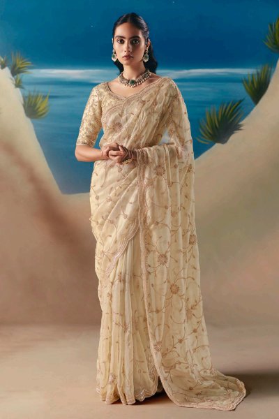 Ivory Hand Embroidered Luxurious Tissue Silk Fabric Saree Ivory Hand Embroidered Luxurious Tissue Silk Fabric Saree