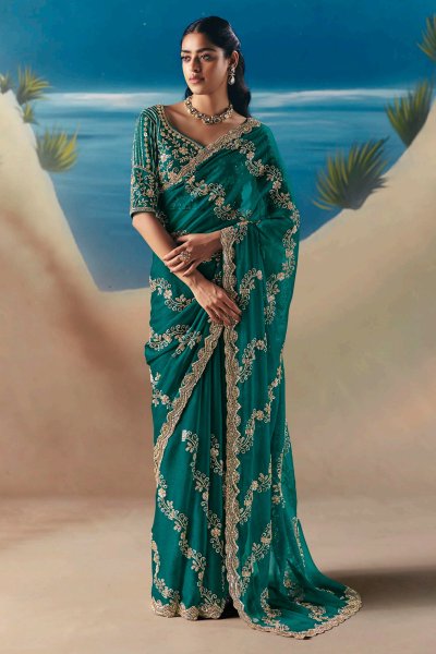 Peacock Green Hand Embroidered Luxurious Tissue Silk Fabric Saree Peacock Green Hand Embroidered Luxurious Tissue Silk Fabric Saree