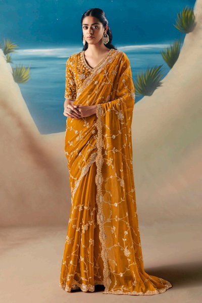 Mustard Orange Hand Embroidered Luxurious Tissue Silk Fabric Saree Mustard Orange Hand Embroidered Luxurious Tissue Silk Fabric Saree