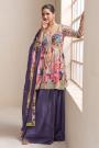 Purple & Multicolor Chinon Silk Printed & Embroidered Peplum Sharara Set