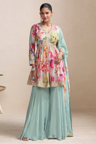 Aqua & Multicolor Chinon Silk Printed & Embroidered Peplum Sharara Set Aqua & Multicolor Chinon Silk Printed & Embroidered Peplum Sharara Set
