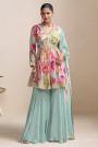 Aqua & Multicolor Chinon Silk Printed & Embroidered Peplum Sharara Set