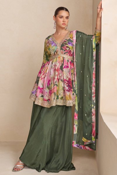 Bottle Green & Multicolor Chinon Silk Printed & Embroidered Peplum Sharara Set Bottle Green & Multicolor Chinon Silk Printed & Embroidered Peplum Sharara Set