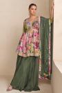 Bottle Green & Multicolor Chinon Silk Printed & Embroidered Peplum Sharara Set