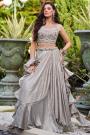 Silver Grey Metallic Satin Silk Hand Embroidered Indowestern Lehenga Set