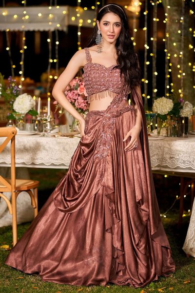 Rust Brown Metallic Satin Silk Hand Embroidered Indowestern Lehenga Set Rust Brown Metallic Satin Silk Hand Embroidered Indowestern Lehenga Set
