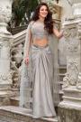 Silver Satin Silk Draped Dhoti Skirt With Hand Embroidered Net Crop Top