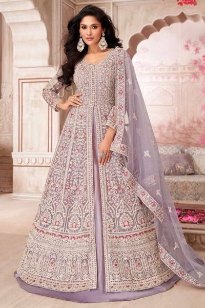 Lavender Net Embroidered Anarkali With Dupatta Lavender Net Embroidered Anarkali With Dupatta
