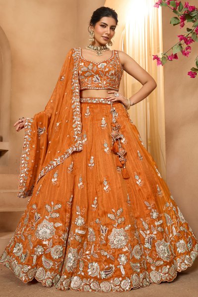 Orange Tissue Silk Embroidered Lehenga Set Orange Tissue Silk Embroidered Lehenga Set