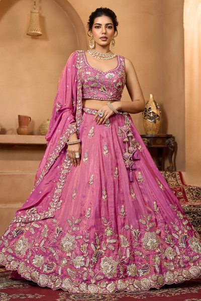 Pink Tissue Silk Embroidered Lehenga Set Pink Tissue Silk Embroidered Lehenga Set
